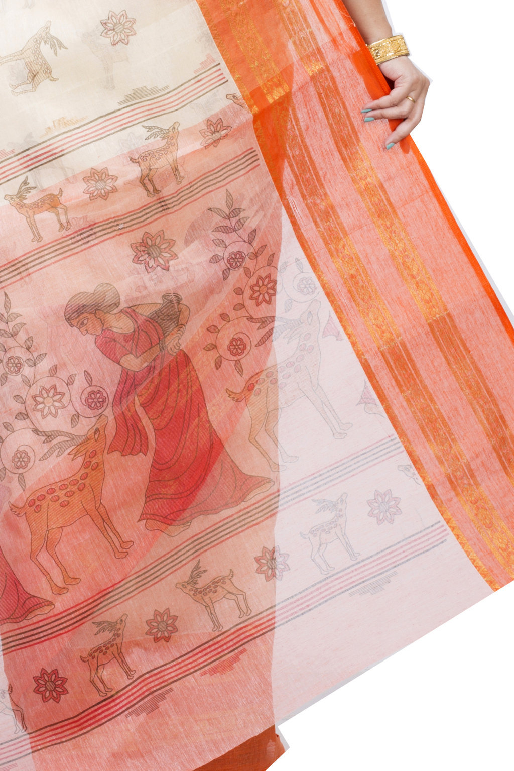 Orange Pure Cotton Sakuntala Tant Saree Print (1955)